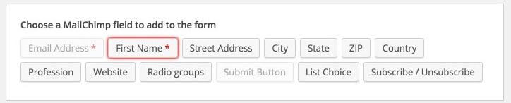 Available form fields based on Mailchimp list fields