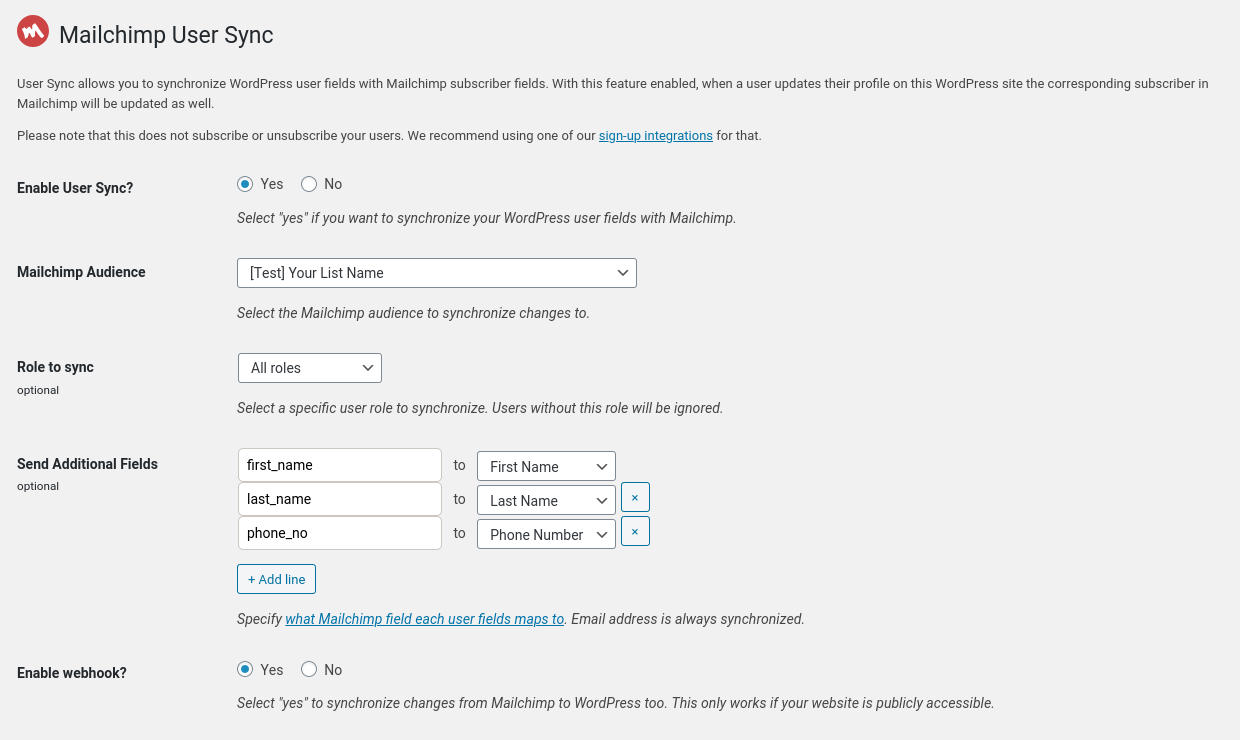 User Sync settings page in WP Admin